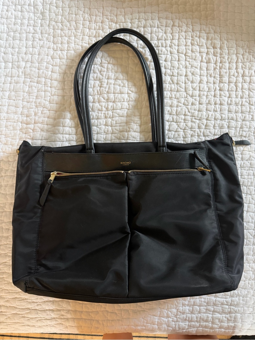 Knomo Black Nylon Tote with Front Zip Pocket